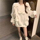 長袖可愛い ボリューム袖 トレーナー ラウンドネック リボンビジュー 2カラー C286 ミディアム丈 トップス レディース