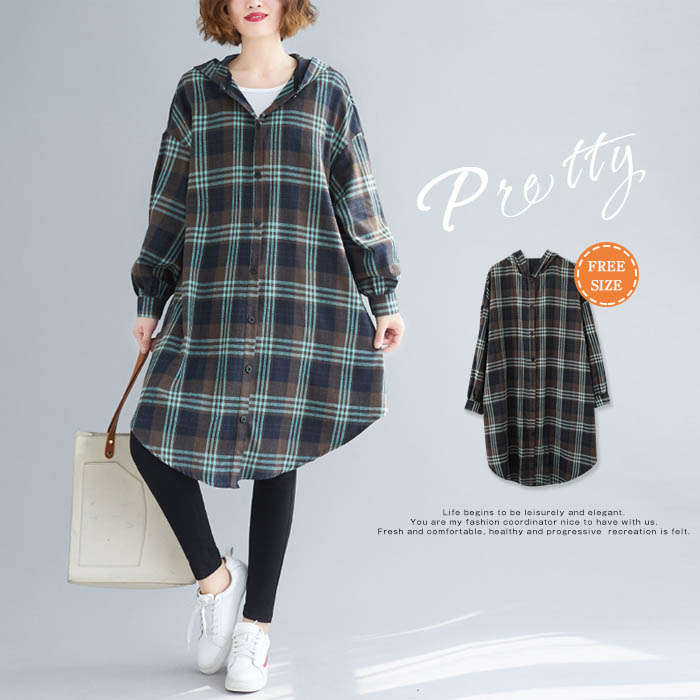 大 通学 パーカー シャツ チェック カジュアル 春 ロング 学生 ゆったり ロング丈 レディース きれいめ 前開き おしゃれ 秋