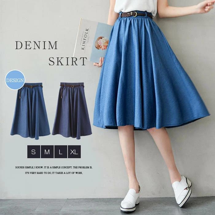 デニム 可愛い ウエストゴム Aライン 大人 スカート 膝上 ボトムス ベルト付き ミディ丈 ミディアム フレアスカート