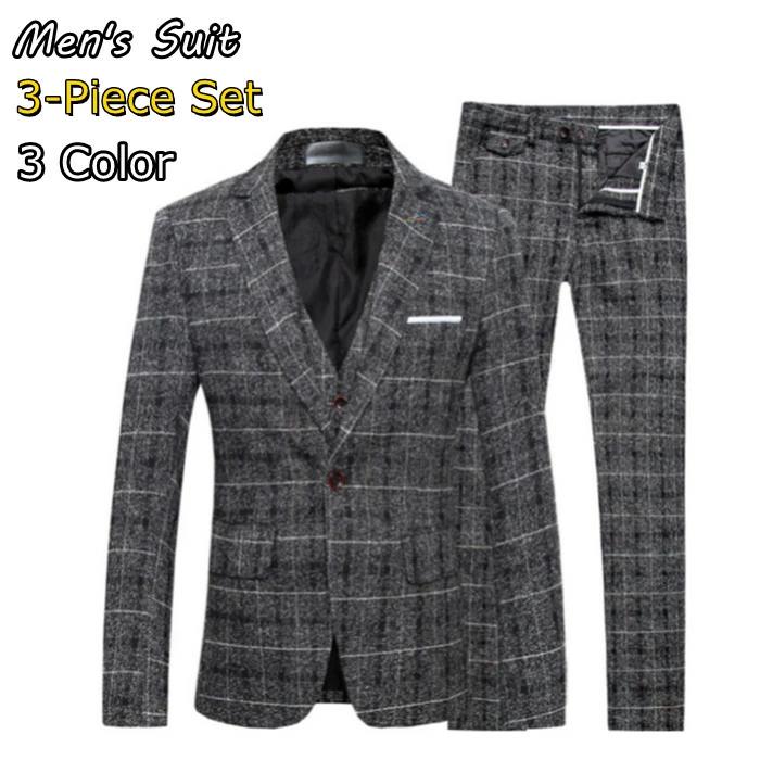 スリムスーツ メンズスーツ ビジネススーツ 成人式 チェック柄 二次会 入学式 3セット カジュアルスーツ 宴会 フォーマルスーツ