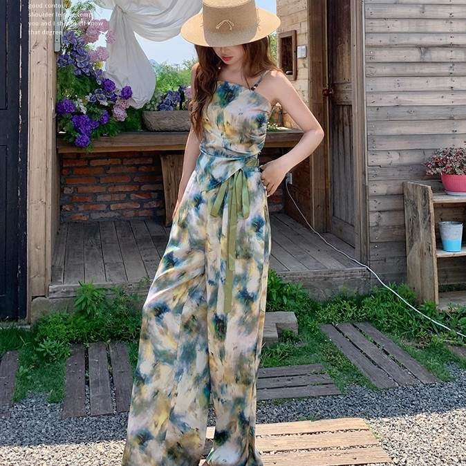 腕出し セットアップ フルレングス デコルテきれい 鎖骨 個性的 襟なし 袖なし キャミソール ワイドパンツ 夏 裾アシンメトリー