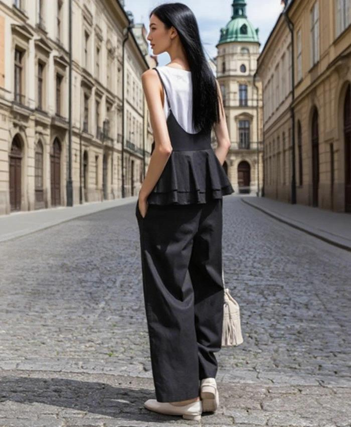 大きいサイズ 夏 オーバ 無地 ノースリーブ 黒 パンツ 大きめ レディース ワイドパンツ キャミソール きれいめ 薄手 サロペット