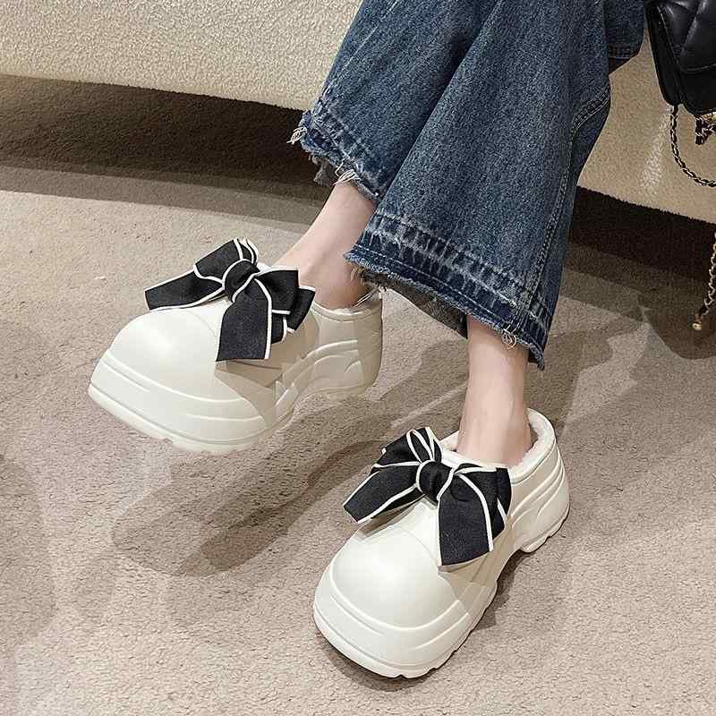 もこもこ ローファー 黒 内ボア ソックスシューズ リボン レディース 裏起毛 かわいい シューズ 秋 スリッポン サンダル 白 厚底