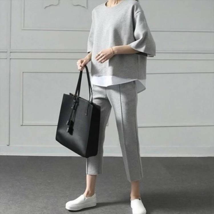 7分袖 大人 セットアップ ストレートパンツ かわいい アンクル丈 パンツ プルオーバー ボトムス レディース ニット ボートネック