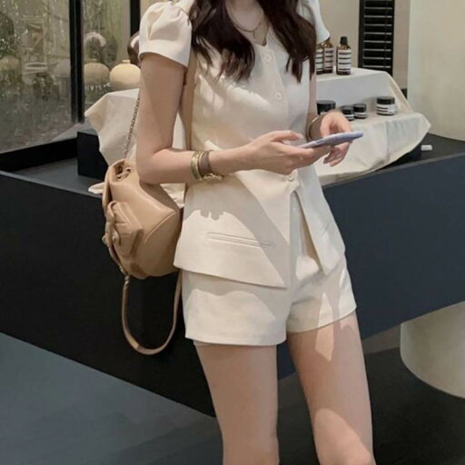 パフスリーブ ジャケット トップス パンツ 上下セット ショートパンツ レディース 2点セット Vネック ボトムス 襟 半袖 ショート パフスリーブ ジャケット トップス パンツ 上下セット ショートパンツ レディース 2点セット Vネック ボトムス 襟 半袖 ショート
