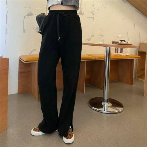 切れ込み スリット ワイド ズボン ストレート ボトムス スウェット カジュアル センタープレス パンツ 黒 おしゃれ レディース 切れ込み スリット ワイド ズボン ストレート ボトムス スウェット カジュアル センタープレス パンツ 黒 おしゃれ レディース