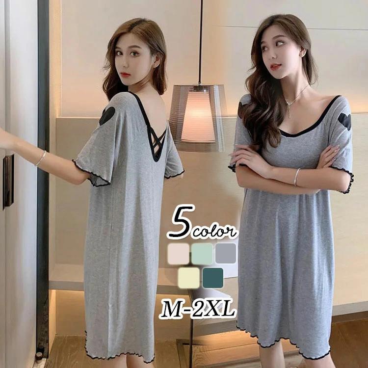 可愛い 春夏 ドット柄 ルームウェア ゆったり 部屋着 ワンピースパジャマ 背中出し 女性 ネグリジェ 寝..