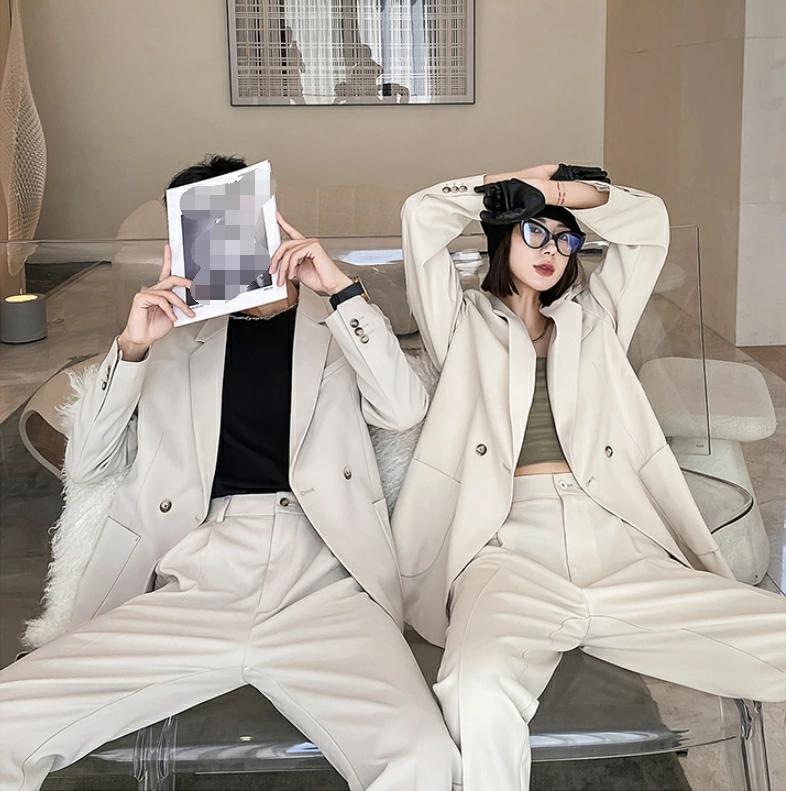 ビジ 格好いい メンズスーツ 送料無料 レディーススーツ 5色 おしゃれ カップル お揃い 一つボダン 2点セット 無地 カップル