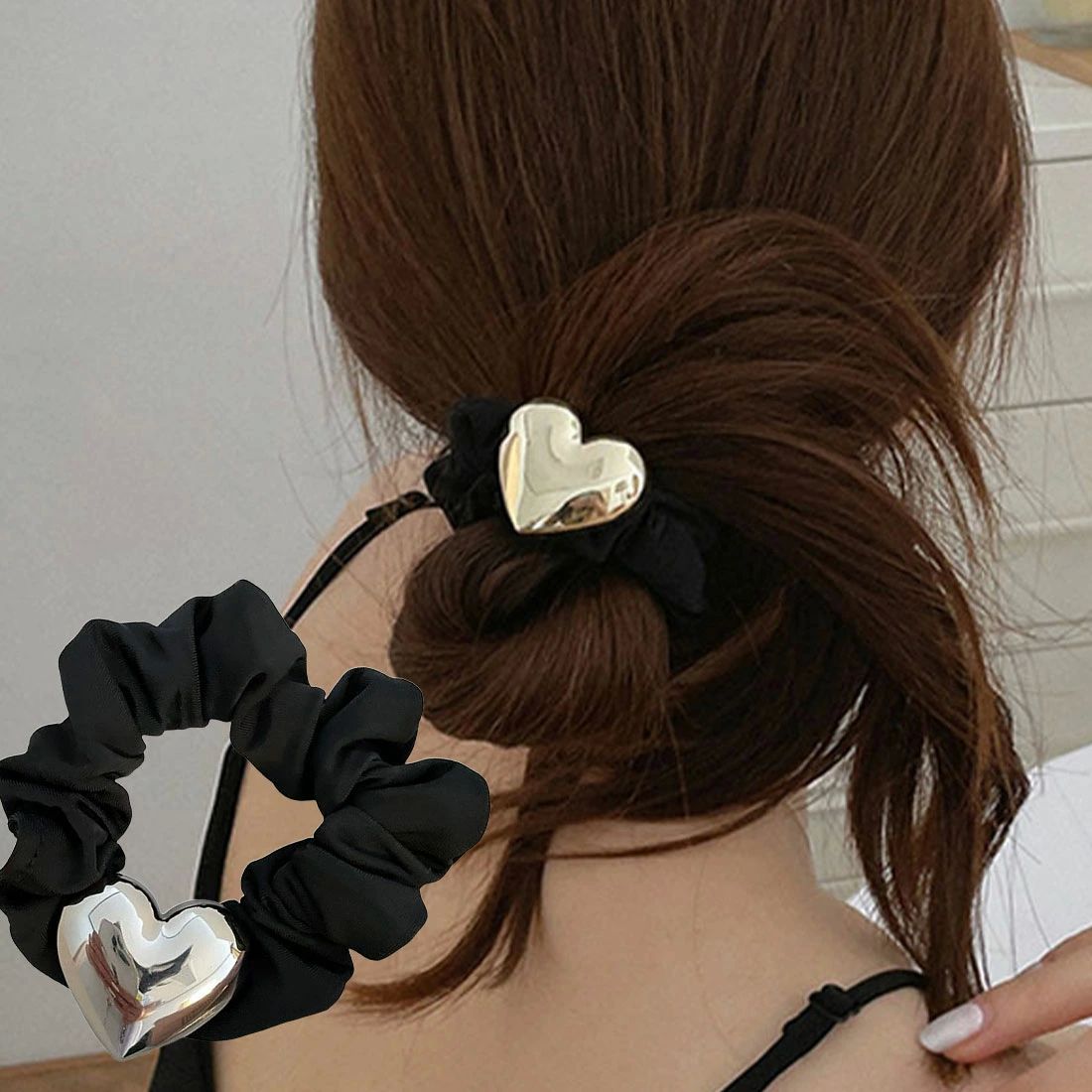 メタル 大人か 華やか ハート まとめ髪 可愛くて上品なメタルハートモチーフシュシュ 輝き ヘアアクセサリー 大人っぽい ツヤ感