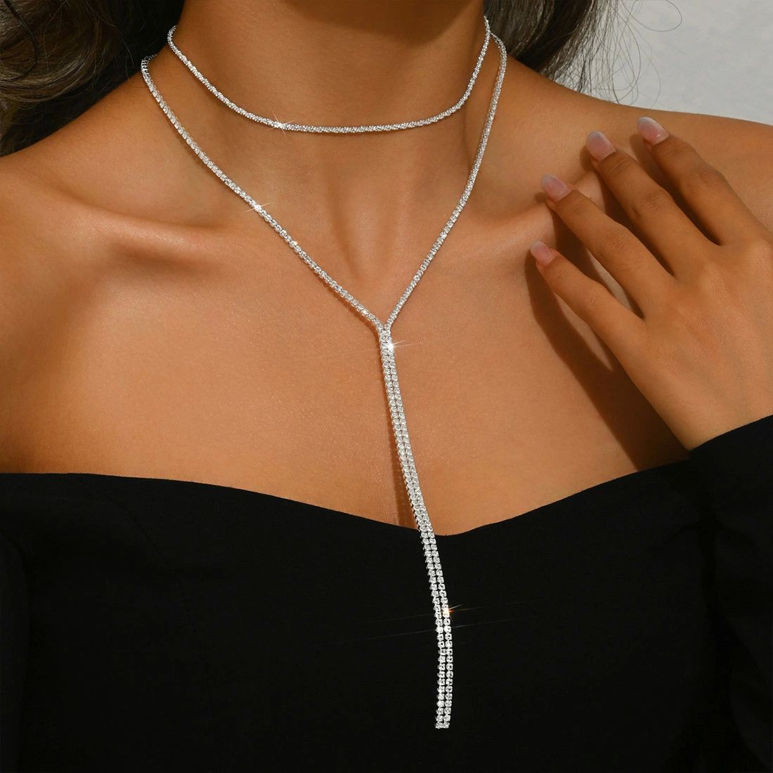 【2点セット】キレイな縦ラインのストーンネックレス ストーンネ ロングタイプ 輝き おしゃれ ネックレス アクセサリー きらめき