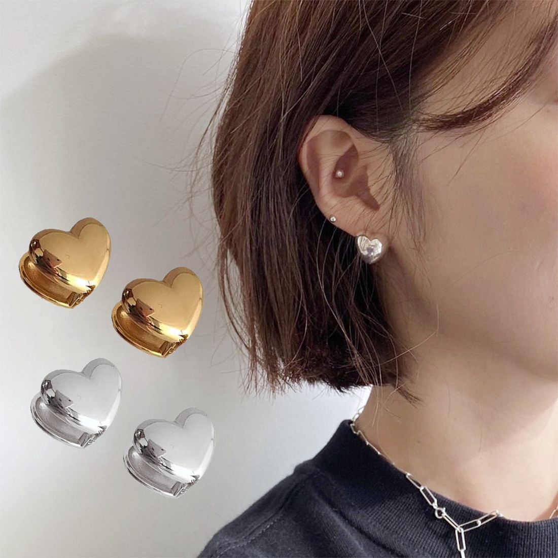 シック ハート 大人かわいい ハートモチーフ ファッショ 立体的 甘め アクセント 韓国ファッションに欠かせないイヤリング 両耳