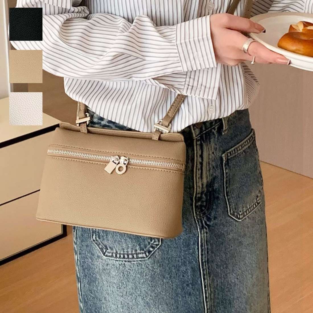 ランチ ベーシックカラー 大 ポーチ 鞄 お出かけ ファッション雑貨 ファスナー バニティ 楕円形 ふんわり上品なショルダーバッグ