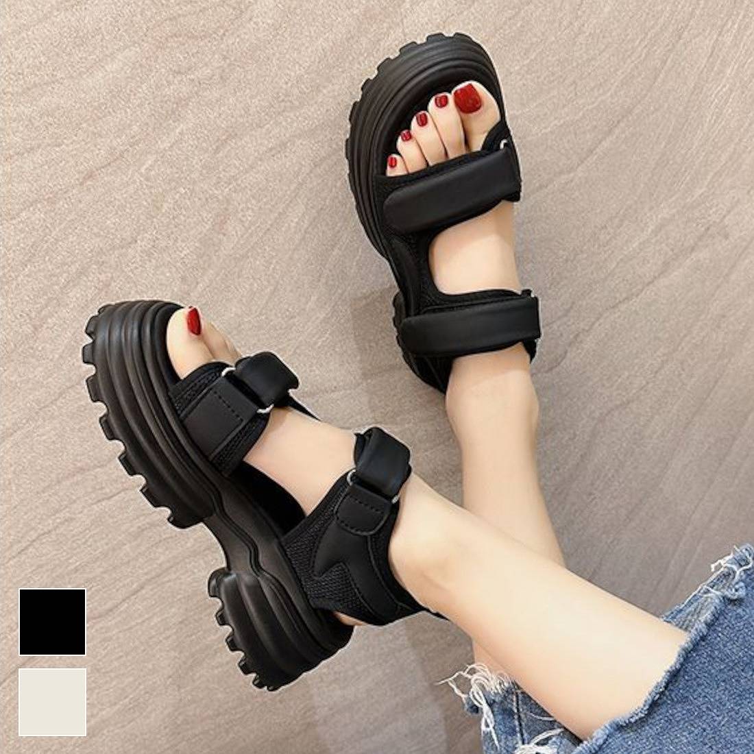 スタイルアップ 美スタイル ダブルベルト お出かけ 足元 靴 ベルト調整で足にフィットするスポーツサンダル シューズ カジ 厚底