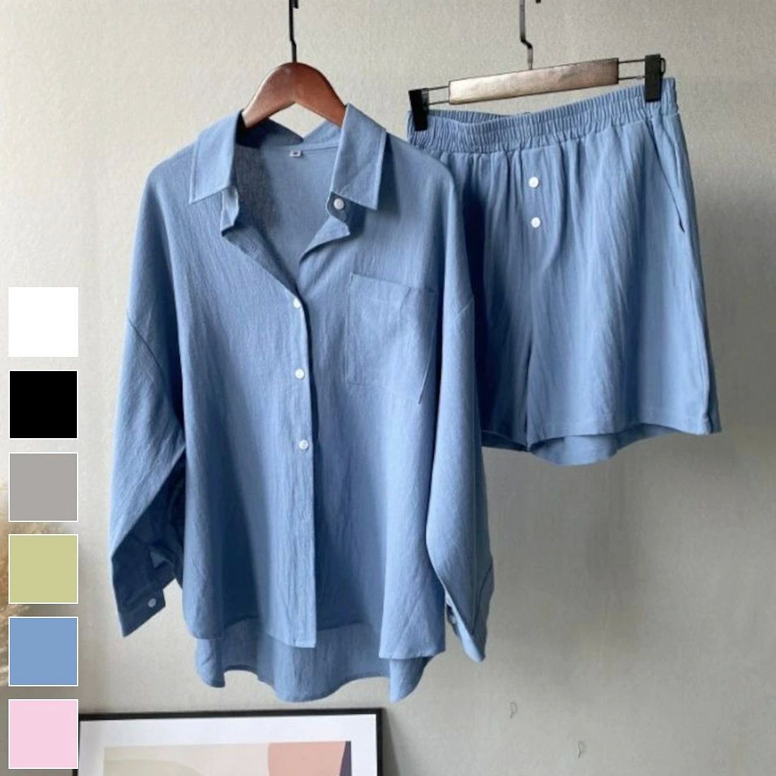 ラフ カラーシャツ トップス シャツ ドロップショル 【セットアップ】大人抜け感を演出するブラウス&ショートパンツ リラックス