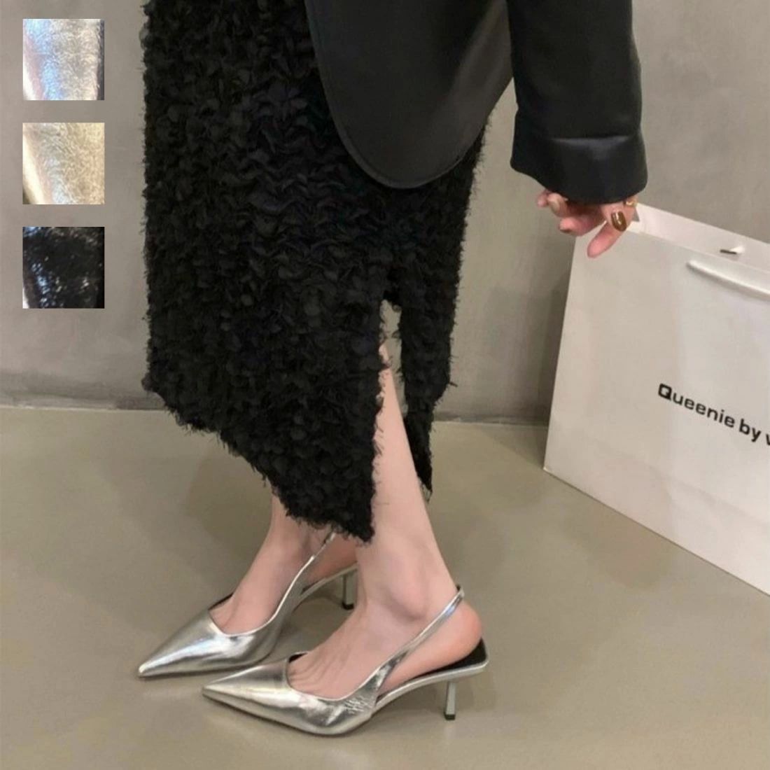 脚長効果 靴 ポインテッドトゥ スタイルア シューズ オフィスシーンにおすすめ！バックストラップ7cmヒールパンプス 美脚 ヒール