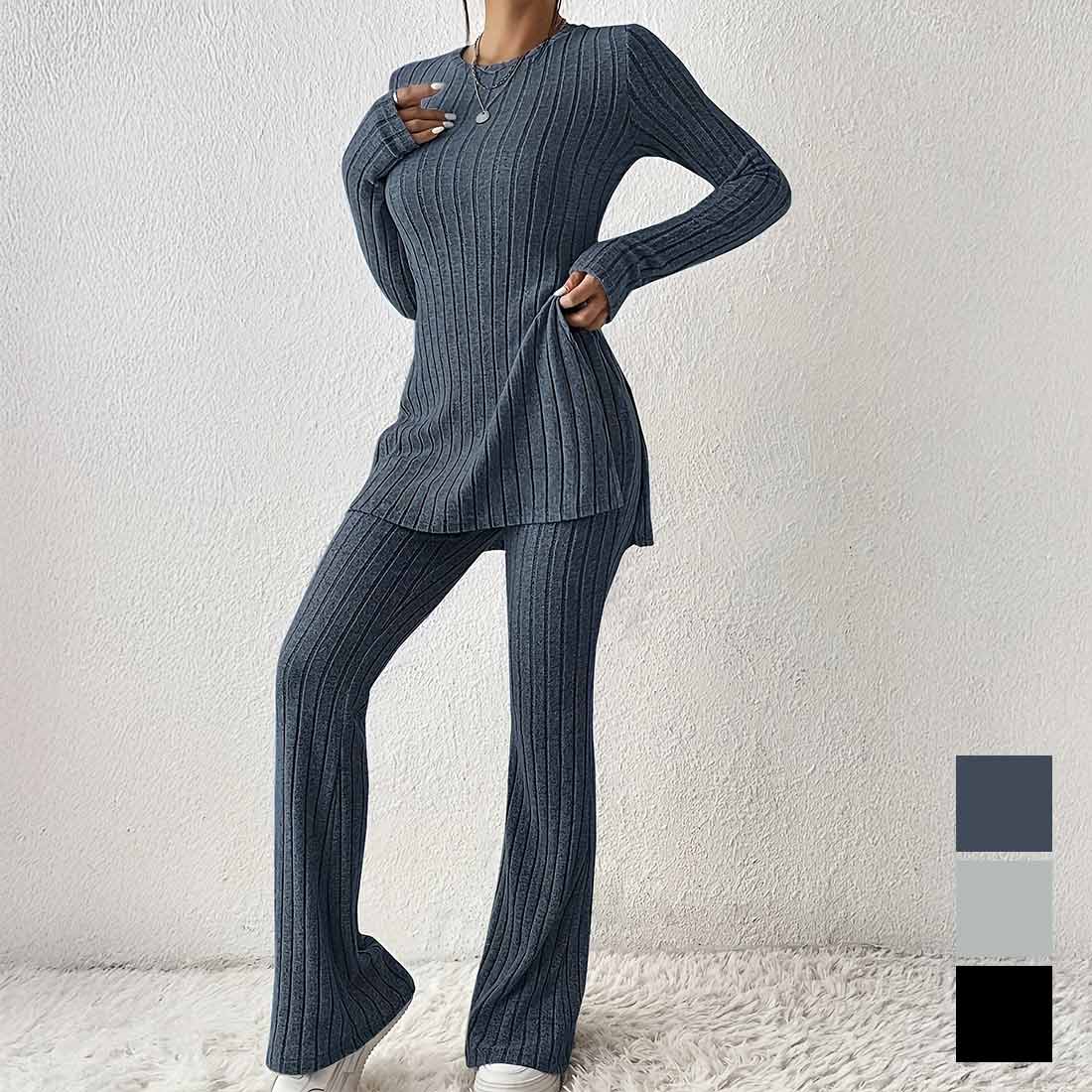 長袖 ウエストサイドスリット クルーネック フィット リラックス感と旬の着こなしリブニットセットアップ トップス リラックス