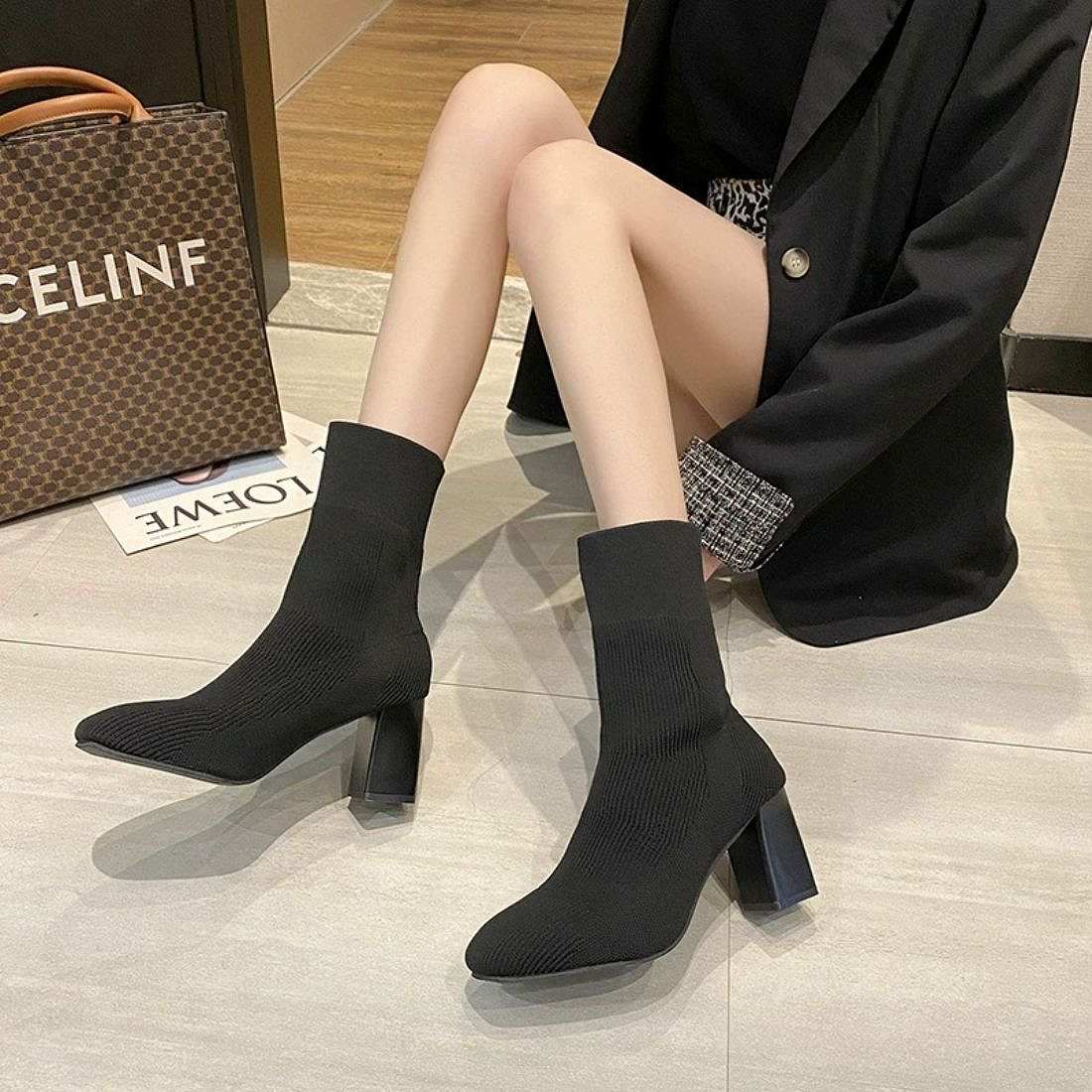 太ヒール ソックスブーツ シングルブーツ 秋冬 ニットソックスミドルブーツ ショートブーツ 厚底スクエアトゥ レディース
