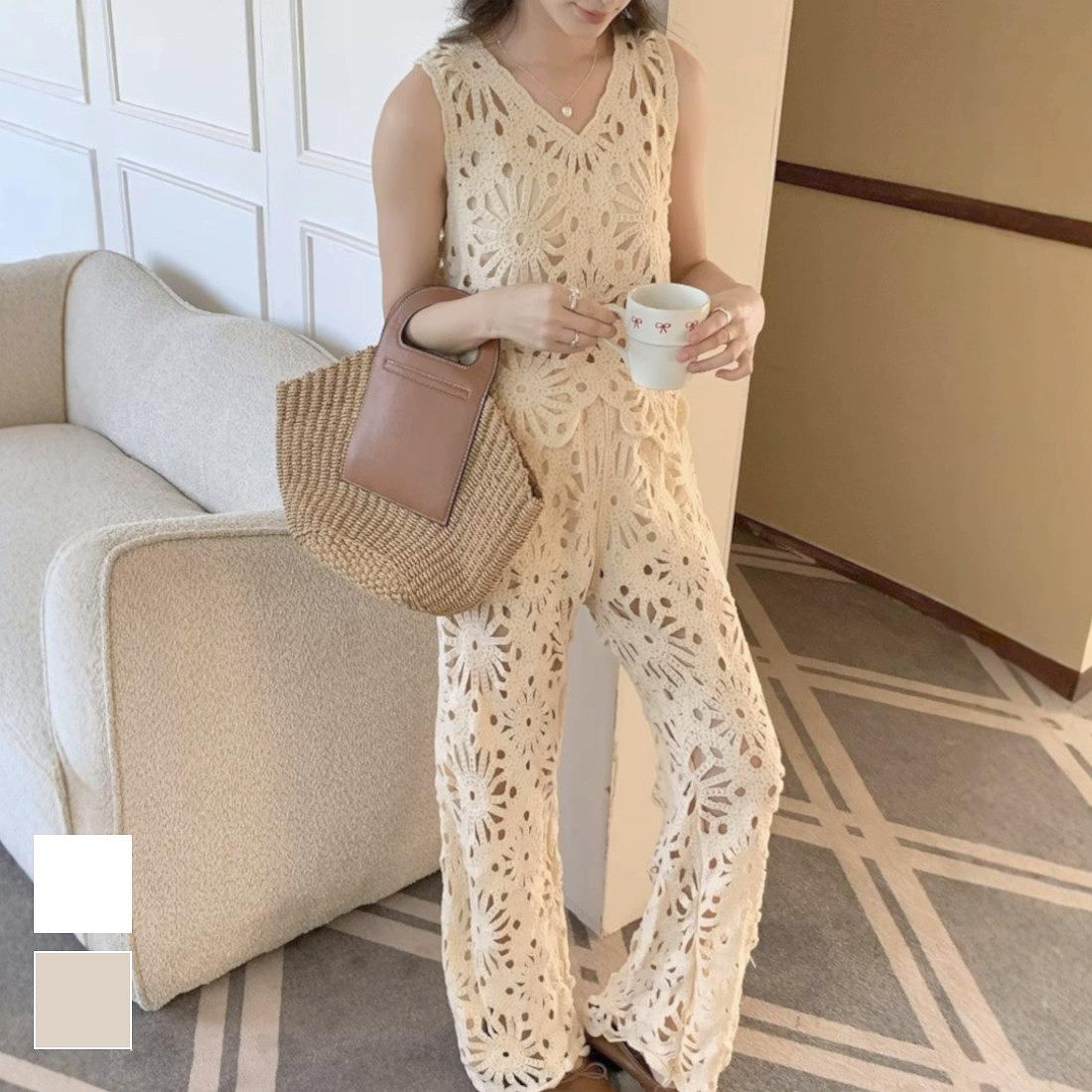 トップス ストレートフルレングス Vネック ボトム 【セットアップ】クロシェ編みノースリーブ&フレアパンツ 袖なし タンクトップ