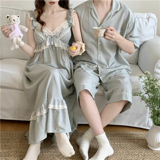 レディース ペアルームウェ メンズ カップル パジャマ ペアパジャマ 結婚記念日 パジャマ 上下セット 春夏 ワンピース 2点セット レディース ペアルームウェ メンズ カップル パジャマ ペアパジャマ 結婚記念日 パジャマ 上下セット 春夏 ワンピース 2点セット