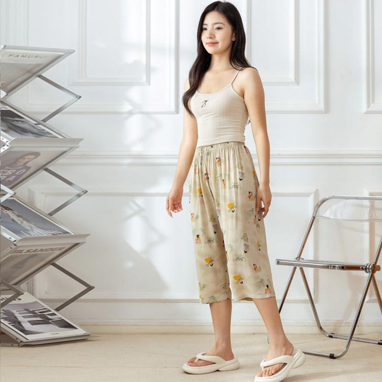 ボトムス 伸縮性 7分丈 ルームウェア 薄手 ポケット付き レディース ステテコ ステテコ ルームパンツ パジャマ リラックスパンツ