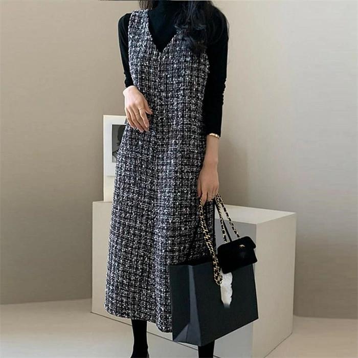 50代 ワンピース レディース ジ 冬 大人 膝丈 ロングベスト オールインワン ロングワンピース 秋 体型カバー チェック柄 Vネック