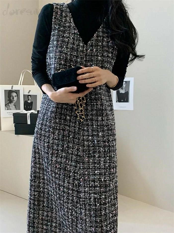 50代 ワンピース レディース ジ 冬 大人 膝丈 ロングベスト オールインワン ロングワンピース 秋 体型カバー チェック柄 Vネック