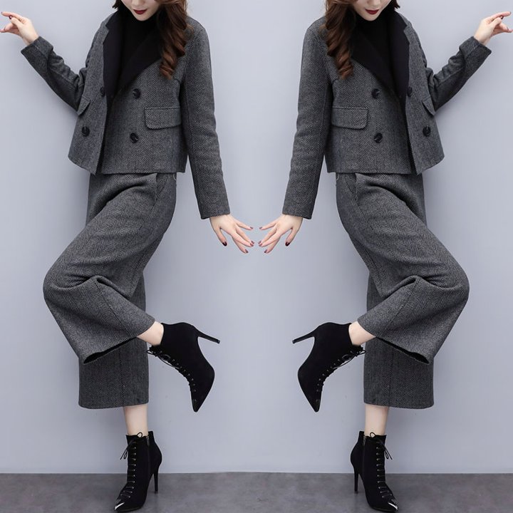 ヘリンボーン ジャケット 大きいサイズ シンプル 短丈 ポケット付き セットアップ オケージョン ツーピース セレモニー ウール サイズ豊富 おしゃれ 2点セット レディース 通勤 着回し きれいめ ショート 大きめサイズ 9分丈 シック スーツ ワイドレックパンツ 秋冬 長袖