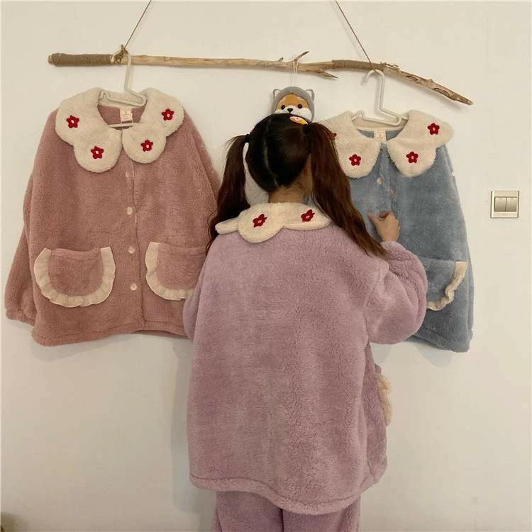 寝巻き 秋 かわいい ラブリー もこもこ 着ぐるみ 部屋着 上下セット 冬 ガーリー 暖かい 紫 ピンク 花柄 パジャマ ホームウェア