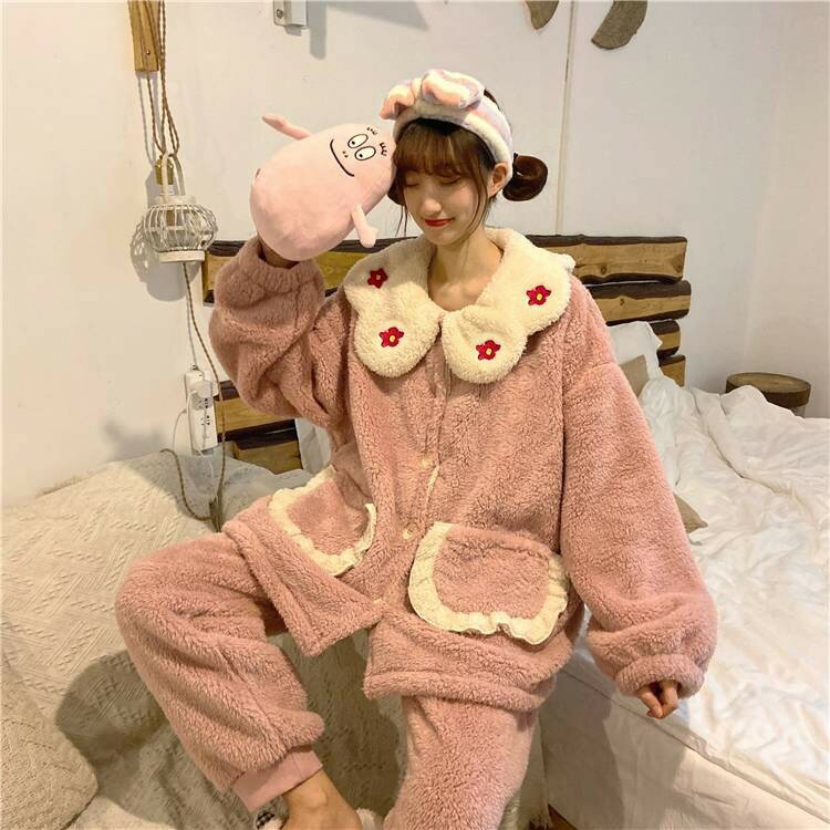 寝巻き 秋 かわいい ラブリー もこもこ 着ぐるみ 部屋着 上下セット 冬 ガーリー 暖かい 紫 ピンク 花柄 パジャマ ホームウェア