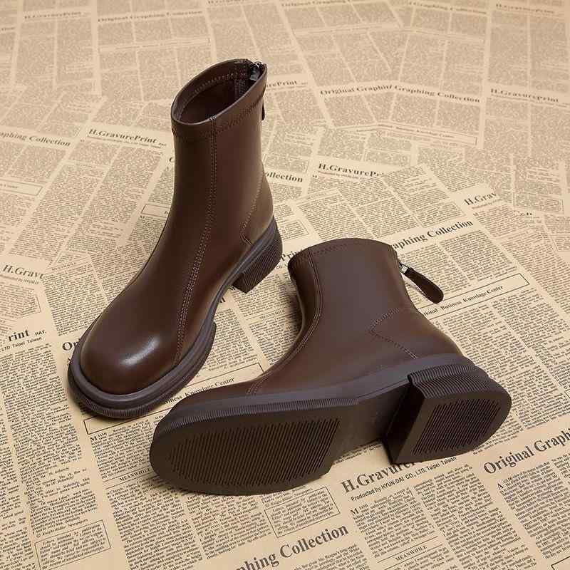 黒 ブーツ 無地 ショートブーツ カジュアル ミドル丈 ファスナー きれいめ レディース ショート丈 茶色 ラ ローヒール シンプル