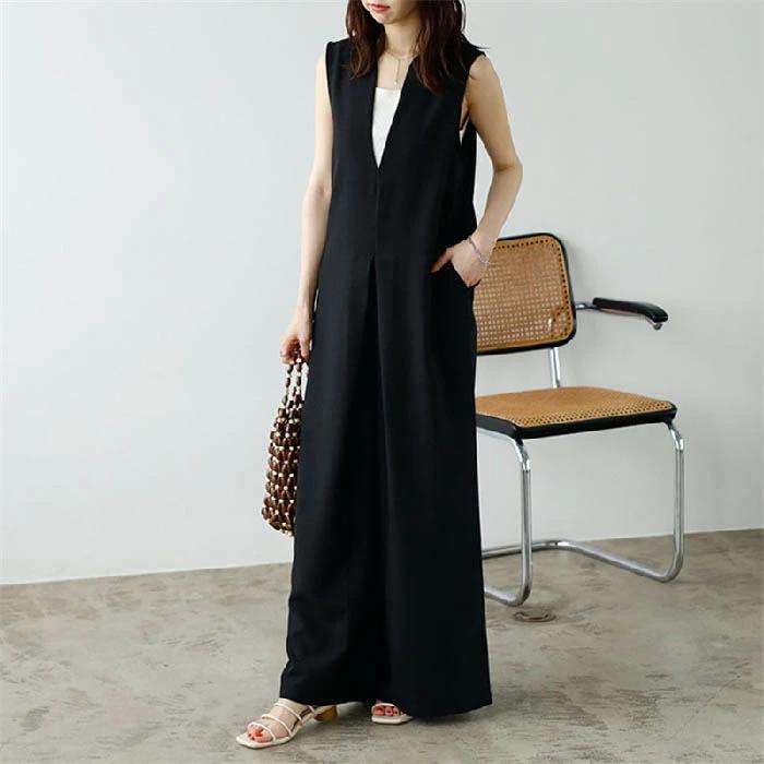 サンウェーブのパンツ お呼ばれ 夏 可愛い ワイドシルエット 体型カバー 女性 ゆったり 秋 サロペット レディース 春 深Vネック ワイドパンツ｜アングル2