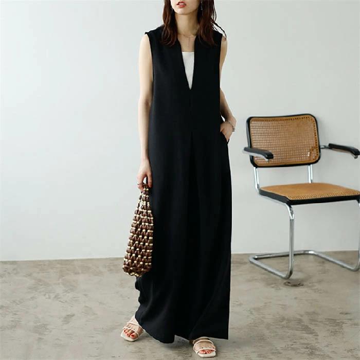 サンウェーブのパンツ お呼ばれ 夏 可愛い ワイドシルエット 体型カバー 女性 ゆったり 秋 サロペット レディース 春 深Vネック ワイドパンツ｜アングル3