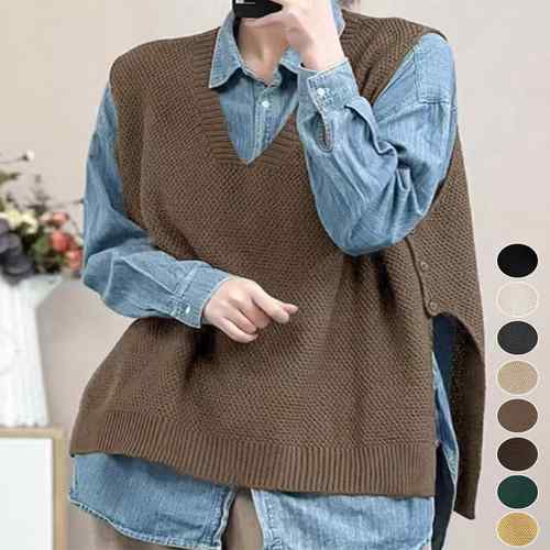 サイドボタン レイヤードベスト ニットトップス 体型カバー Vネックチョッキ カジュア プルオーバー 重ね着 ゆったり レディース