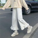 2XL 3 無地 ストレートパンツ フリルパンツ 黒 レディース ズボン かわいい レトロ ボトムス フリル クロップドパンツ 個性的 白