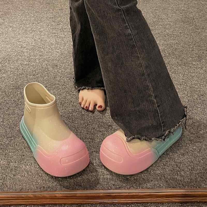 雨天 雨用 キラキラ グラデーション 長靴 ショートブーツ レインブーツ カラフル おしゃれ レディース シューズ かわいい 厚底