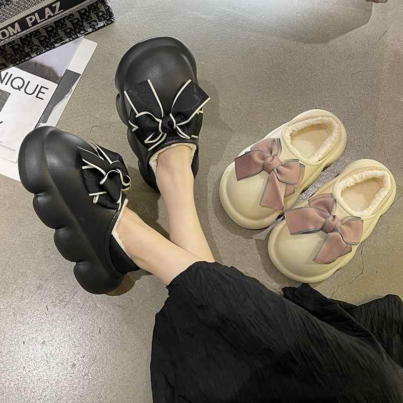 リボン 冬 シューズ 靴 ソックスシューズ サンダル 内ボア 韓国風 大 秋 スリッポン レディース もこもこ かわいい 厚底 裏起毛