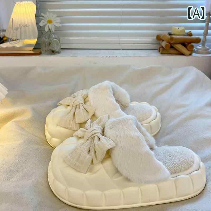 白 もこもこ ファー 屋内 サンダル 室内 リボン 黄色 スリッパ シューズ 無地 ルームシューズ 厚底 レ..