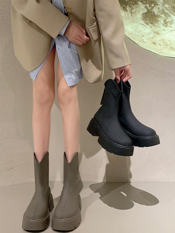 厚底 韓国風 ミドル丈 黒 艶なし ブーツ ショートブーツ レディース シューズ かっこいい レトロ マット カジュアル ショート丈