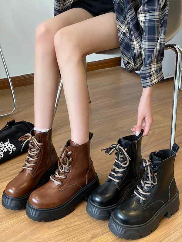 ブーツ ラウンドトゥ ショートブーツ 厚底 レースアップ 紐あり かっこいい 光沢 茶色 編み上げ 艶 黒 ラウンドトゥ ショート丈