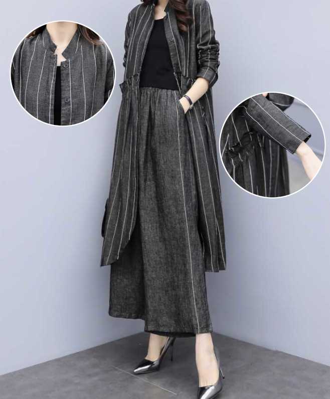 30代 S〜3XL ストライプパンツ スーツ上下2点セット 大きいサイズ セットアップ 40 韓国 ワイドレッグパンツ×ロングジャケット