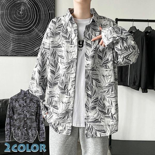 春服 白 リーフ柄 モノトーン配色 衣装 韓国ファッション コスチューム 黒 シャツ 長袖 秋服 ボタニカル柄 ダンス