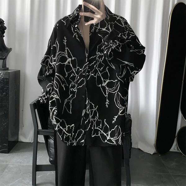 ビッグシルエット 黒 モノトーンアート ダンス 総柄 韓国ファッション 長袖シャツ 大きいサイズ サテンシャツ 衣装