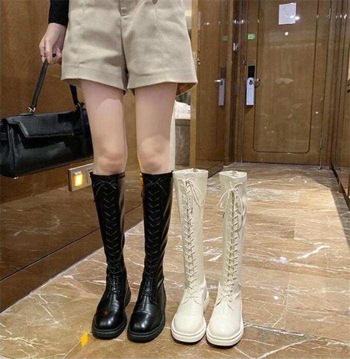 ローヒール ストレッチ 美脚 レディース ニーハイブーツ 歩きや 靴 ジョッキーブーツ 膝丈 ロングブーツ 編み上げ 太ヒール