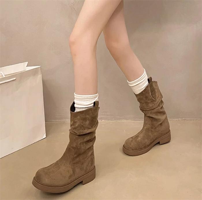 Loose - ブーツ くしゅくしゅブーツ フラットヒール 美脚 レディース ブーツ 大きいサイズ ゆったり ショートブーツ 痛くない 履き口