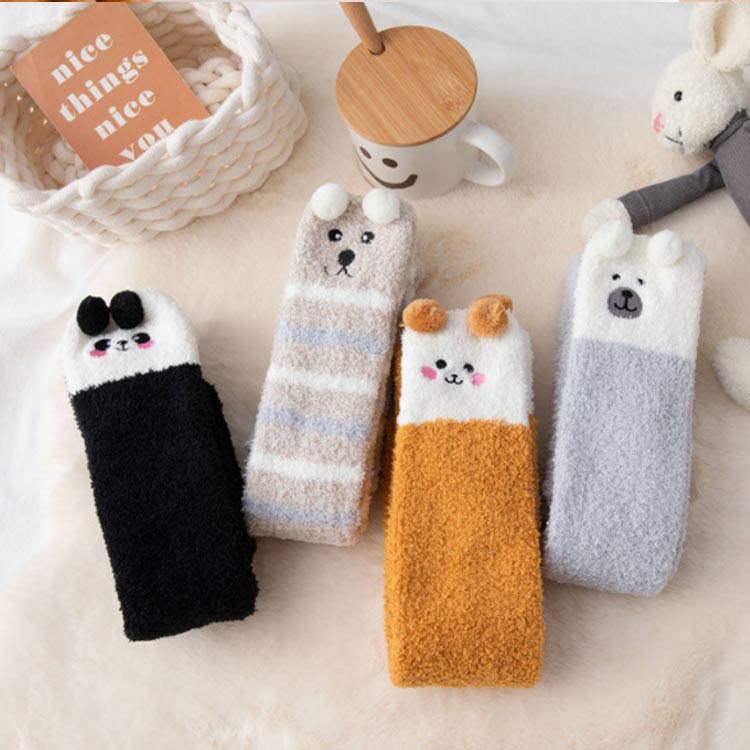 22- くま かわいい 無地 あったか靴下 ニーハイソックス 靴下 防寒 【送料無料】もこもこ パンダ ルームソックス あったか 秋冬