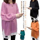 レディース 秋服 トップス ラウンドネック カジュアル 大き 重ね着風 ゆったり Tシャツ 長袖 ロング丈 春服 ロングT トレーナー