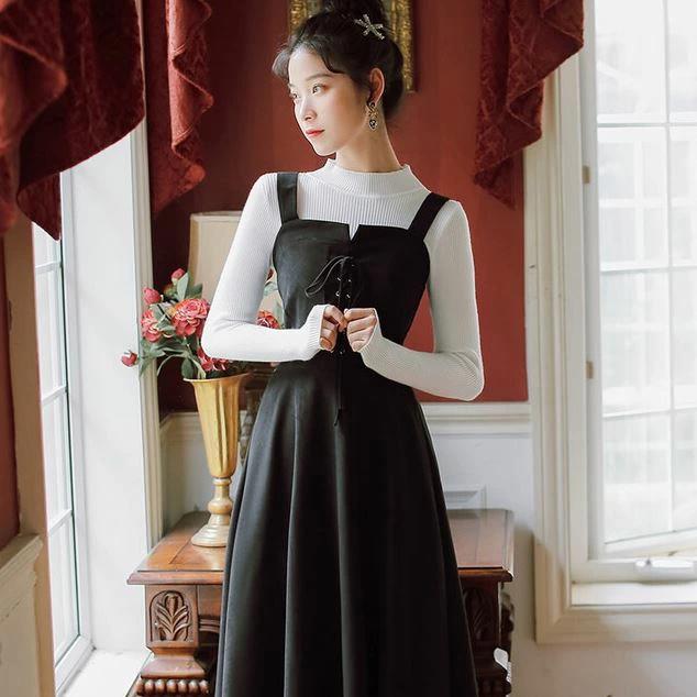 S/M/Lきれいめワンピース ファッション ミモレ丈 Aライン スクエアネック レディース オフショルダー 30代 ジャンパースカート