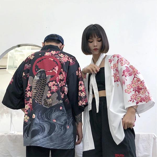 和風 浴衣 韓国ファッション 着物 和柄 桜 プリント はっぴ 法被 白 大人用 コスチューム 鯉 黒 羽織り 衣装 半纏 ダンス