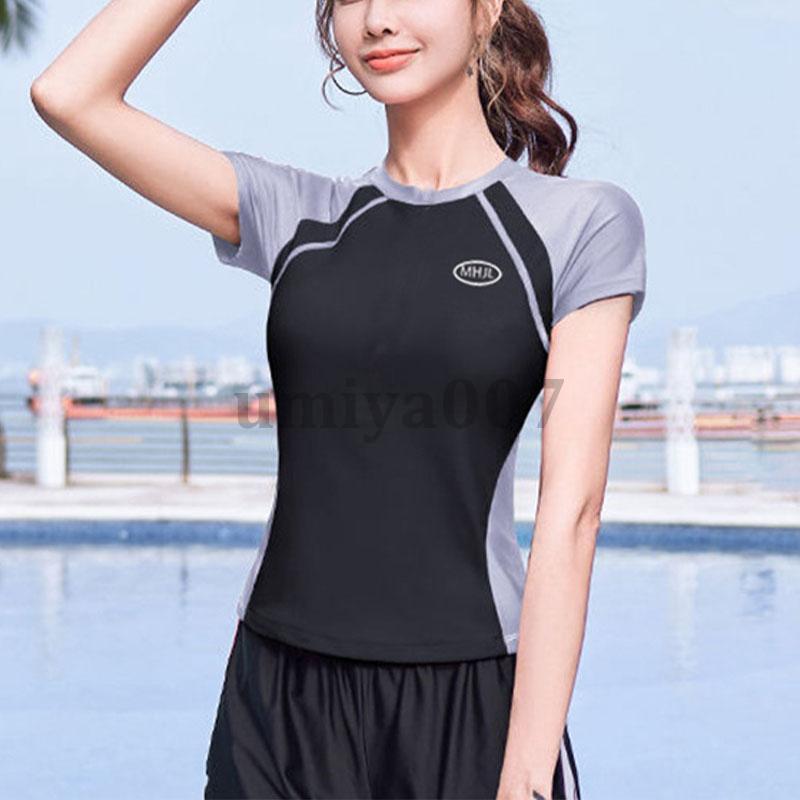 フィットネス水着 レディース 水着セット 体型カバー フィットネス スイムキャップ セット 半袖 めくれ防止 スポーツ ジム プール 競泳水着 20代 30代 3