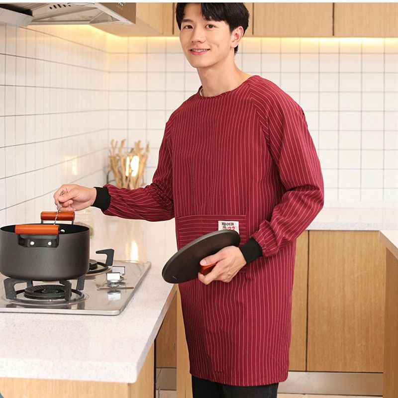 ストライプ柄 保育士 長袖 長袖エプロン メンズ 割烹着 おしゃれ エプロン れ 袖付き かっぽう着 大きいサイズ